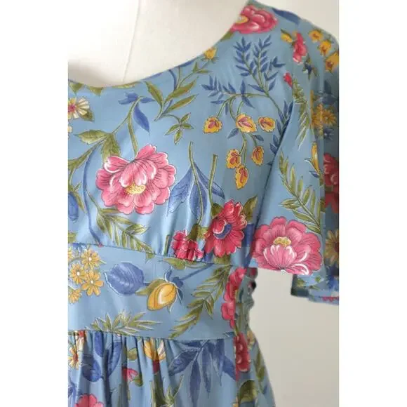 Vintage 1970s Prairie Floral Maxi Dress Flutter Sleeve Empire Waist Tie Blue - Picture 4 of 12